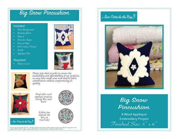 Photo of the front cover of an instruction brochure for a wool appliqué pincushion.