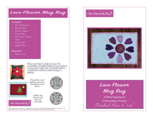 Photo of the front cover of instructions for hand sewing a wool appliqué flower heart.
