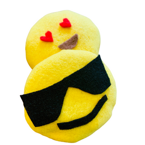 fleece emoji sandbags with yellow fleece and heart eyes and sunglasses