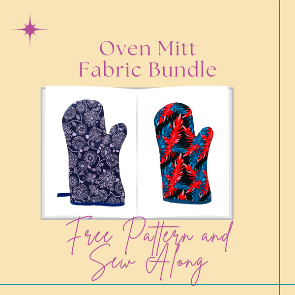 Photo of two oven mitts advertising a fabric bundle and a free sew along.