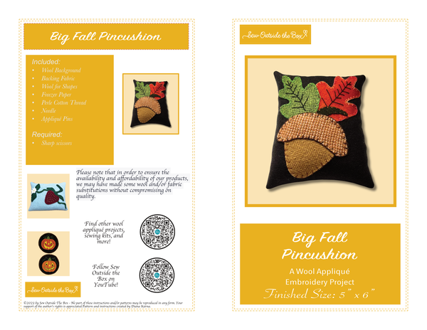 Photo of instructions for hand sewing a wool appliqué pincushion with an acorn and two acorn leaves