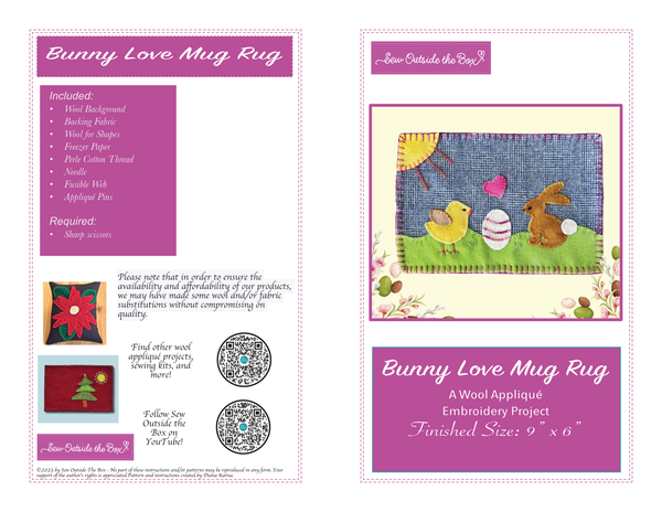 Photo of the front cover of instructions for hand sewing a wool appliqué mug rug with a chick and a bunny and a decorated easter egg between them.
