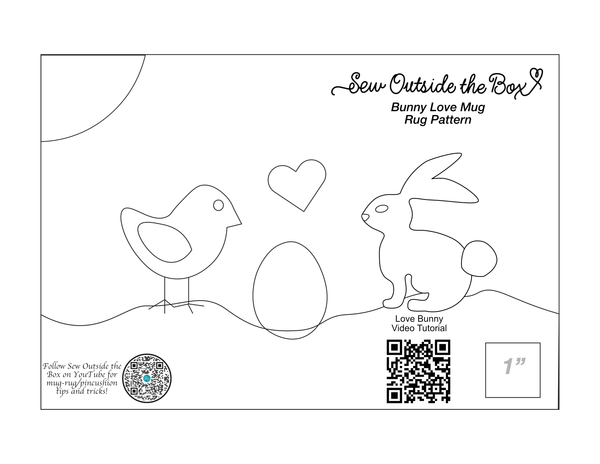 Photo of a line drawing pattern for wool appliqué featuring a chick and a bunny with an easter egg between them.