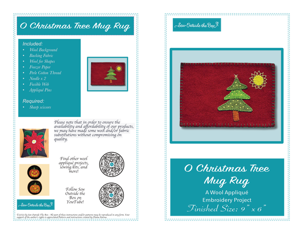 Photo of the front and back cover that details instructions for the christmas tree mug rug appliqué kit.