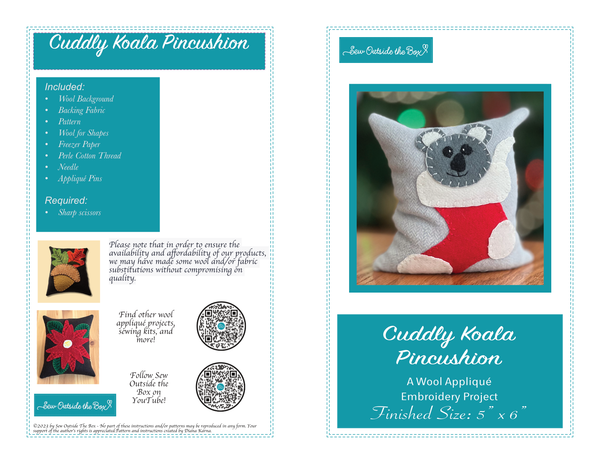 Photo of the first page of instructions for hand sewing the cuddly koala wool appliqué pincushion