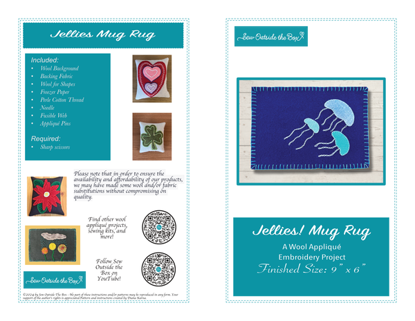 Photo of the front cover of Jellies! Wool Appliqué instructions showing a finished mug rug product.